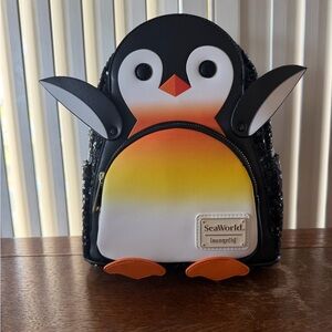 Loungefly SeaWorld Penguin Mini Backpack - Black, White, Orange, Yellow